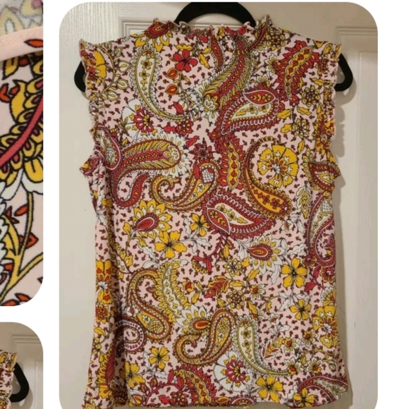 TOMMY HILFIGER PAISLEY RUFFLE SLEEVE FRONT TIE TASSELS TOP - Picture 3 of 14